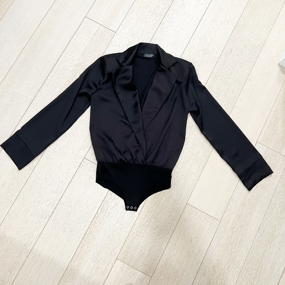 Zara black satin long sleeve body suit with shoulder pads size small